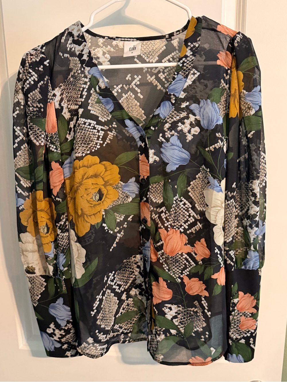 CAbi Black Sheer Floral Button-Front Blouse with Yellow, Blue & Pink Blooms